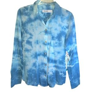 Carve Designs Womens Button Shirt Tie-Dye Long‎ Sleeve Top Large Blue White